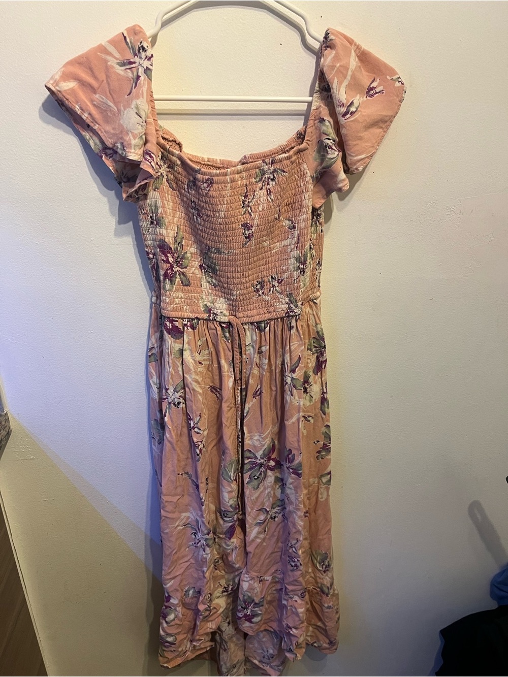 Hollister Peach Floral Maxi Dress with Smocked Bodice